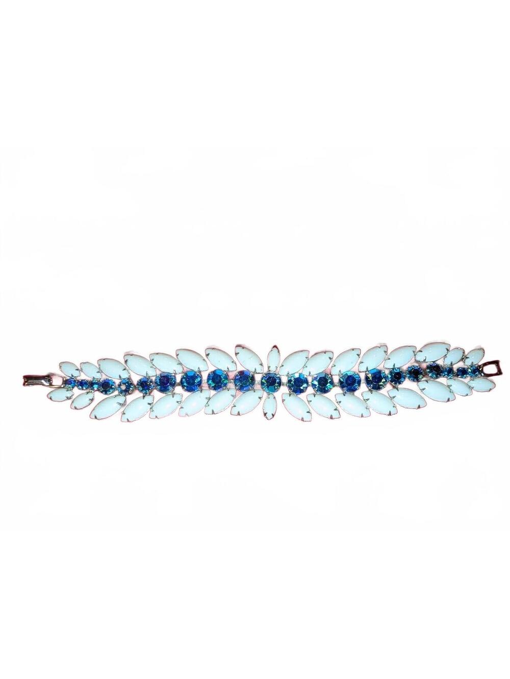 Vintage Weiss Blue and White Rhinestone Leaf Bracelet